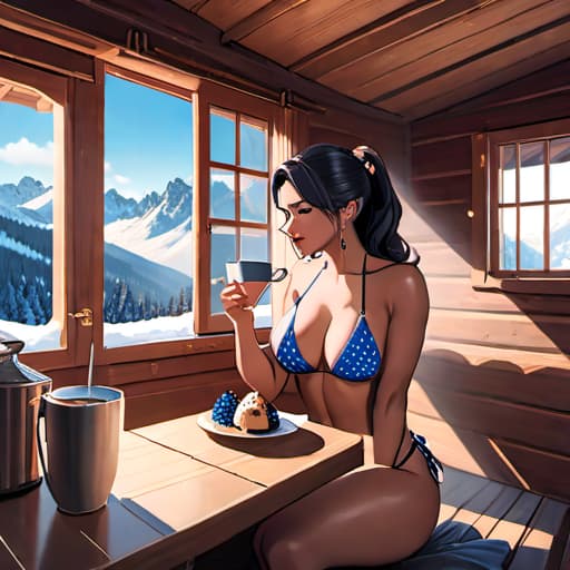  a woman in her 30s drinking a cup of coffee while eating a blueberry muffin in her cozy cabin in the snowy mountains. She is wearing a small bikini top since the cabin is so warm hyperrealistic, full body, detailed clothing, highly detailed, cinematic lighting, stunningly beautiful, intricate, sharp focus, f/1. 8, 85mm, (centered image composition), (professionally color graded), ((bright soft diffused light)), volumetric fog, trending on instagram, trending on tumblr, HDR 4K, 8K