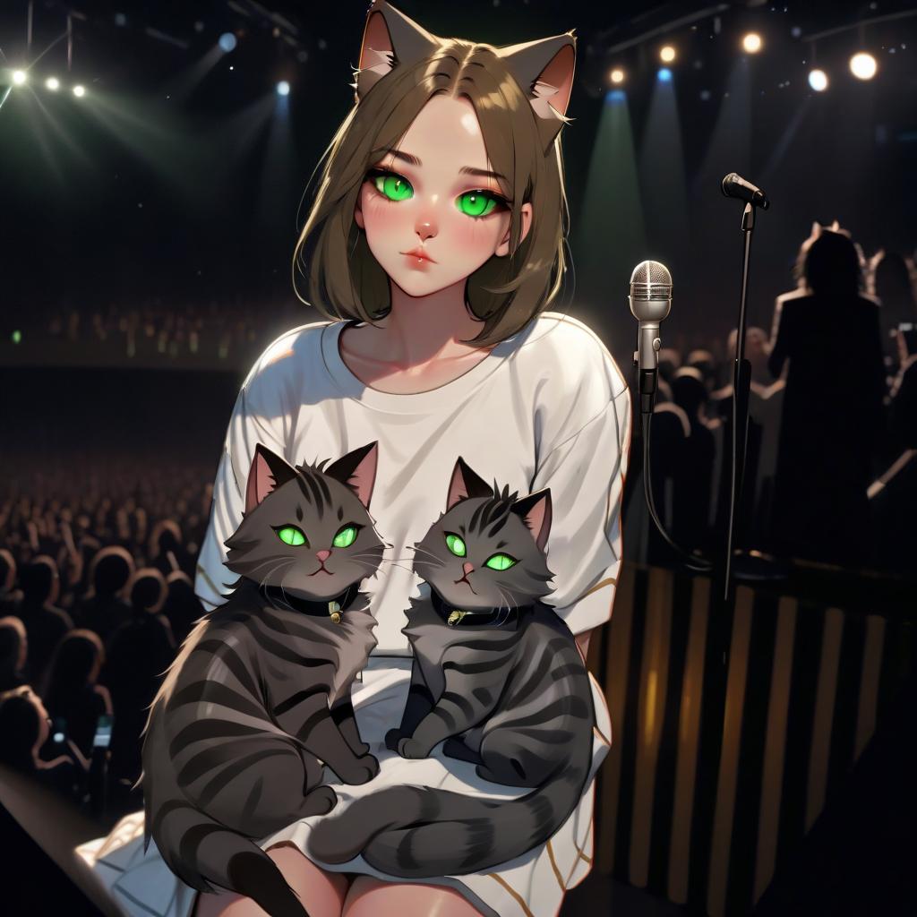  girl with dark green eyes, two furry striped cats, space, spotlights, view from the stage, microphone, music, royal grace