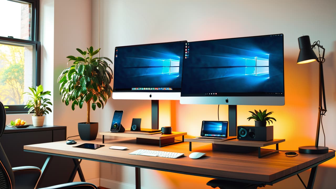  a sleek home office with a stylish standing desk, dual monitors displaying productivity apps, ergonomic chair, smart lighting, a wireless charging pad, noise canceling headphones, and a vibrant indoor plant for inspiration. hyperrealistic, full body, detailed clothing, highly detailed, cinematic lighting, stunningly beautiful, intricate, sharp focus, f/1. 8, 85mm, (centered image composition), (professionally color graded), ((bright soft diffused light)), volumetric fog, trending on instagram, trending on tumblr, HDR 4K, 8K