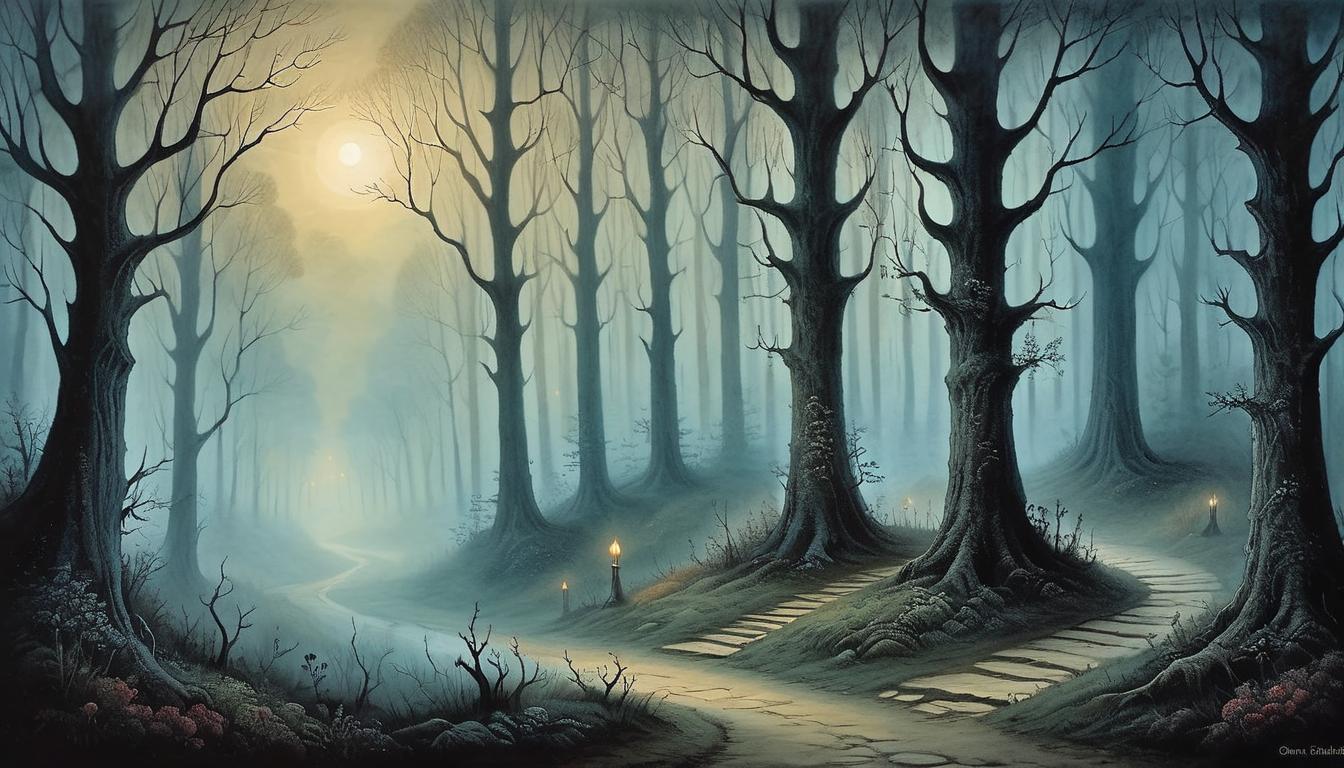  on parchment, surrealism+++, silent forest at twilight, ethereal glow, path leading into the mist, shadows lengthening, quiet contemplation(mysterious, provocative, symbolic,muted color)+++