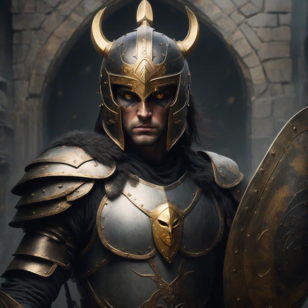  warrior in a helmet with a shield with golden eyes