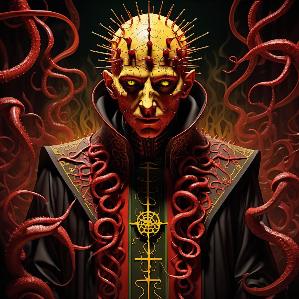  stacked papercut art of beautiful hellraiser in a priest's robe in sticky shiny mucus bent down in the fog and the light of yellow lights smoke red sparks spikes horror lovecraft tentacles necronomicon and rings of slurry wings looks scary prickly red watch in yellow smoke and green sparks suction cups tentacles eyes all lower jaw sting tentacles claws and a terrible moan in red smoke . 3d, layered, dimensional, depth, precision cut, stacked layers, papercut, high contrast