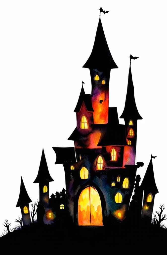  artwork hand drawn watercolor halloween witch castle isolated on white background ar 2:3, watercolor techniques, featuring fluid colors, subtle gradients, transparency associated with watercolor art