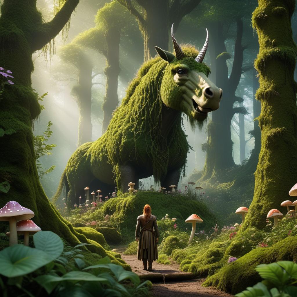  A magical forest scene featuring a forest giant and a small man. The giant is towering and gentle, blending into the forest with moss and vines covering his body. The small man stands nearby, looking up in awe. The forest is lush with tall, ancient trees, vibrant flowers, and luminescent mushrooms. The air is filled with sparkling light, and the atmosphere is magical and enchanting. Fairies flutter around, casting tiny spells, and other magical creatures like unicorns can be seen in the background. hyperrealistic, full body, detailed clothing, highly detailed, cinematic lighting, stunningly beautiful, intricate, sharp focus, f/1. 8, 85mm, (centered image composition), (professionally color graded), ((bright soft diffused light)), volumetric fog, trending on instagram, trending on tumblr, HDR 4K, 8K