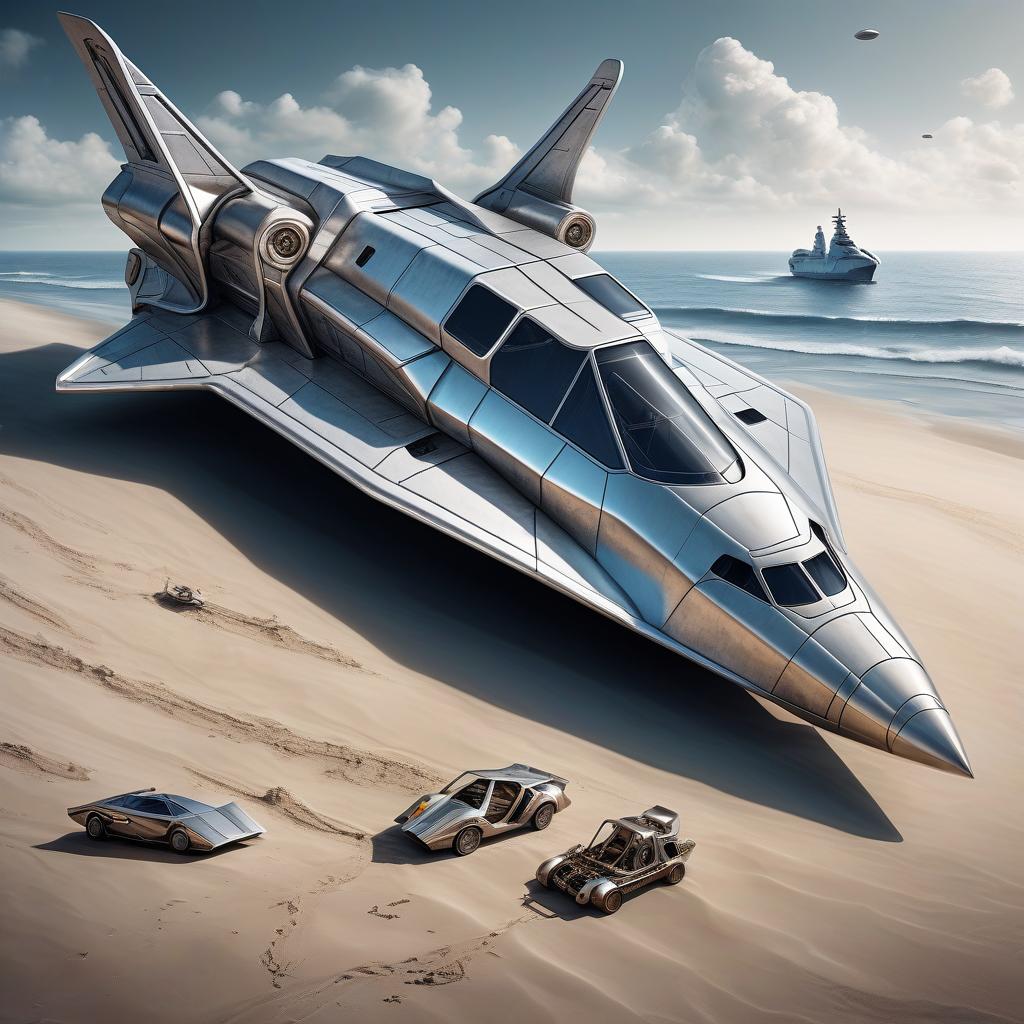  nautical themed the space shuttle looks like a lamborghini countach, silver color, in the styles of futurism, dieselpunk and steampunk. . sea, ocean, ships, maritime, beach, marine life, highly detailed