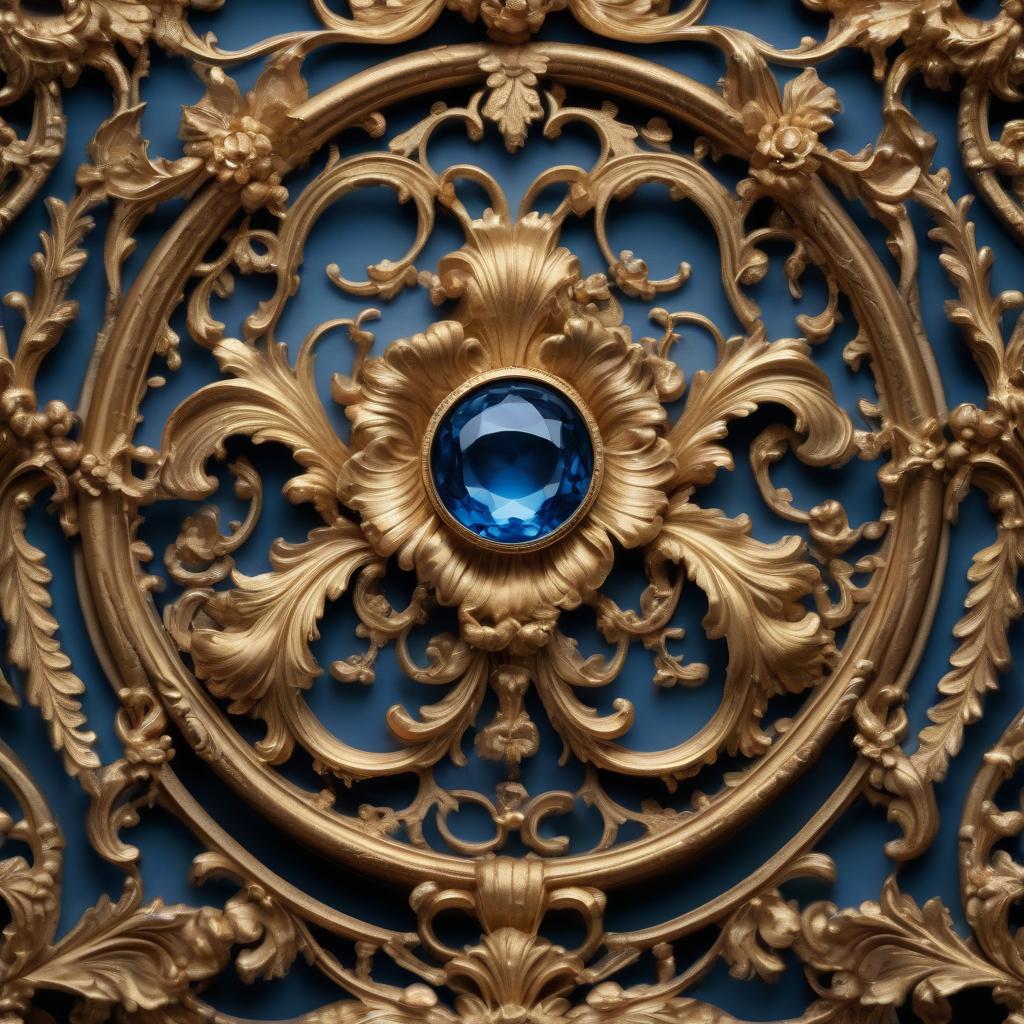  cinematic film still create an image that presents a refined, symmetrical design in the baroque or rococo style. it includes intricate curls with acanthus leaves and floral motifs, done mostly in gold with some elements outlined in blue. in the centre and top of the design are two prominent round blue accents that look like gemstones or similar decorative elements. this type of design is often used in architectural jewellery, furniture decor or other forms of classical art and ornamentation. . shallow depth of field, vignette, highly detailed, high budget, bokeh, cinemascope, moody, epic, gorgeous, film grain, grainy