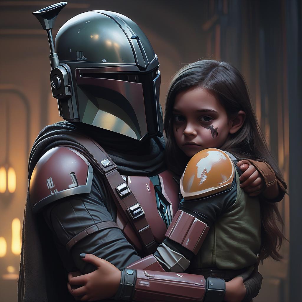  horror themed mandalorian and girl hugging. . eerie, unsettling, dark, spooky, suspenseful, grim, highly detailed