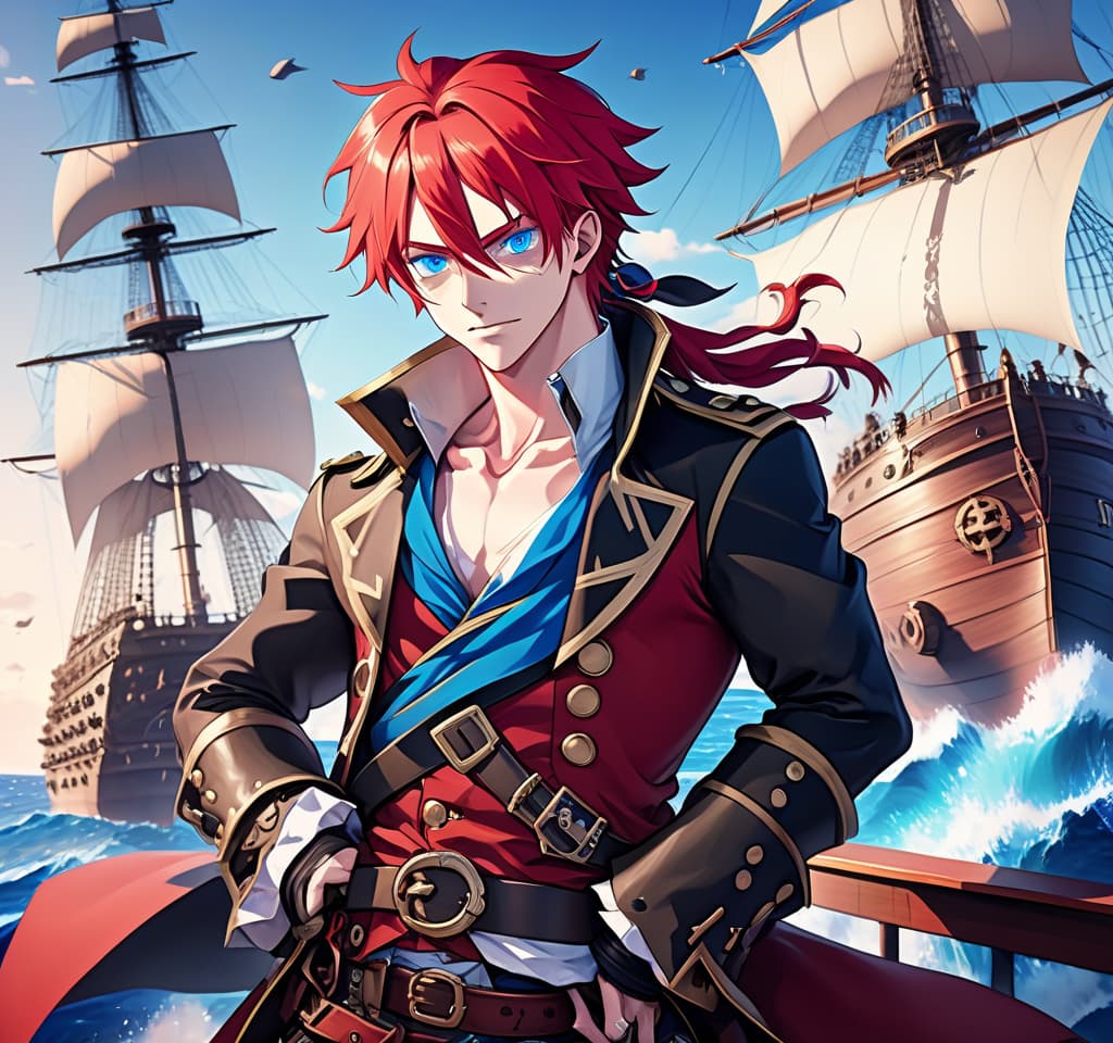  anime artwork pirate man with red hair and blue eyes, ship and sea in the background . anime style, key visual, vibrant, studio anime, highly detailed