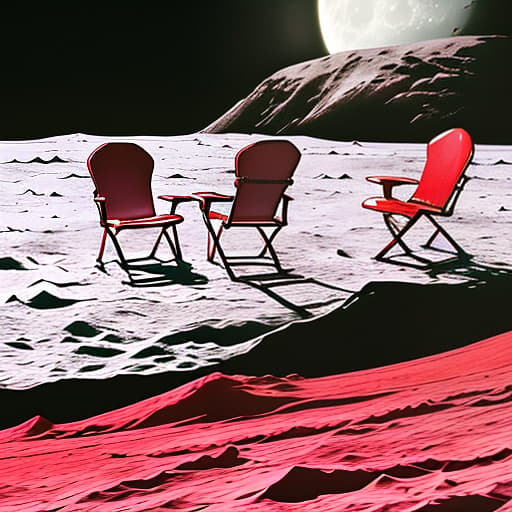  horizontally, 3 red chairs in zero gravity hover above the surface of the moon, with a color image