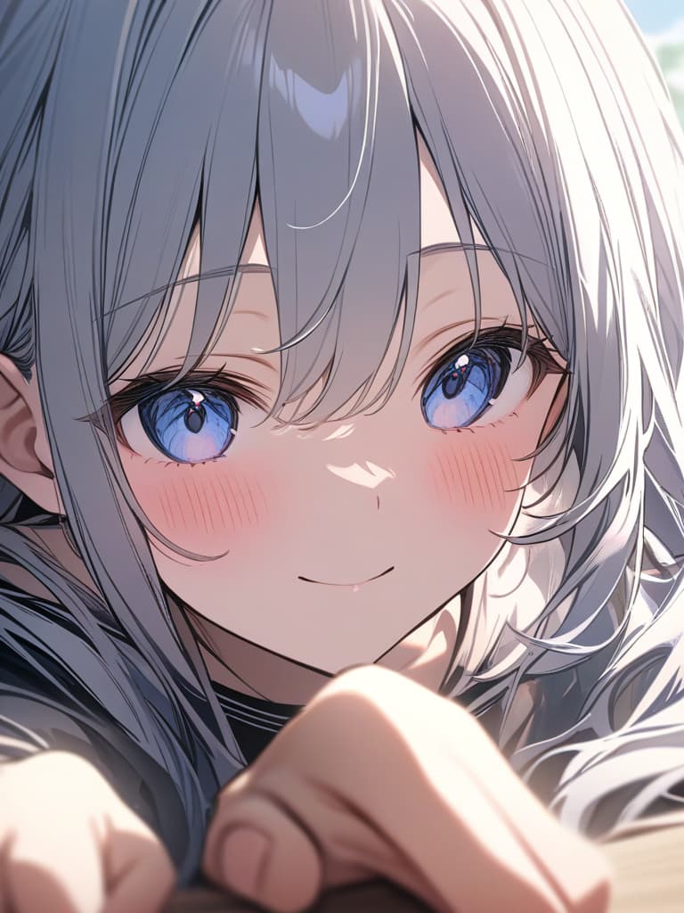  cute, girl, high image quality, blush, white hair, long hair, blue eyes, smiles, crouching, the upper body is reflected, masterpiece, best quality,8k,ultra detailed,high resolution,an extremely delicate and beautiful,hyper detail