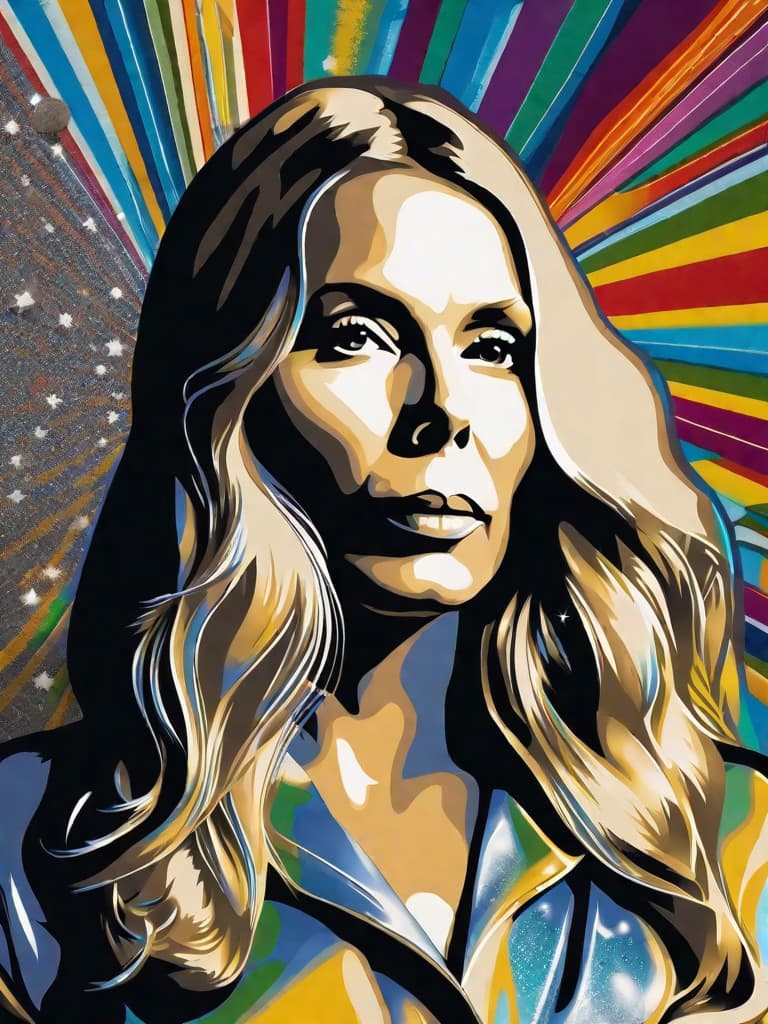  A younger Country singer Joni Mitchell, medium shot, upper body, spotlight, long exposure lighting, street art style spray paint, glamour lighting