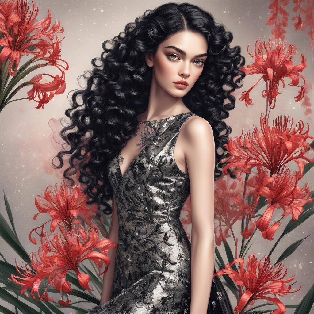  a beautiful girl, long large black curls,a branch of lycoris flowers,glitter, digital painting,fine ink drawing,fashionable vogue cover, botanical,stands realistic in a silk dress,dolce & gabbana, bohemian style,elegant,intriguing,lots of details, photorealism, professional photo,