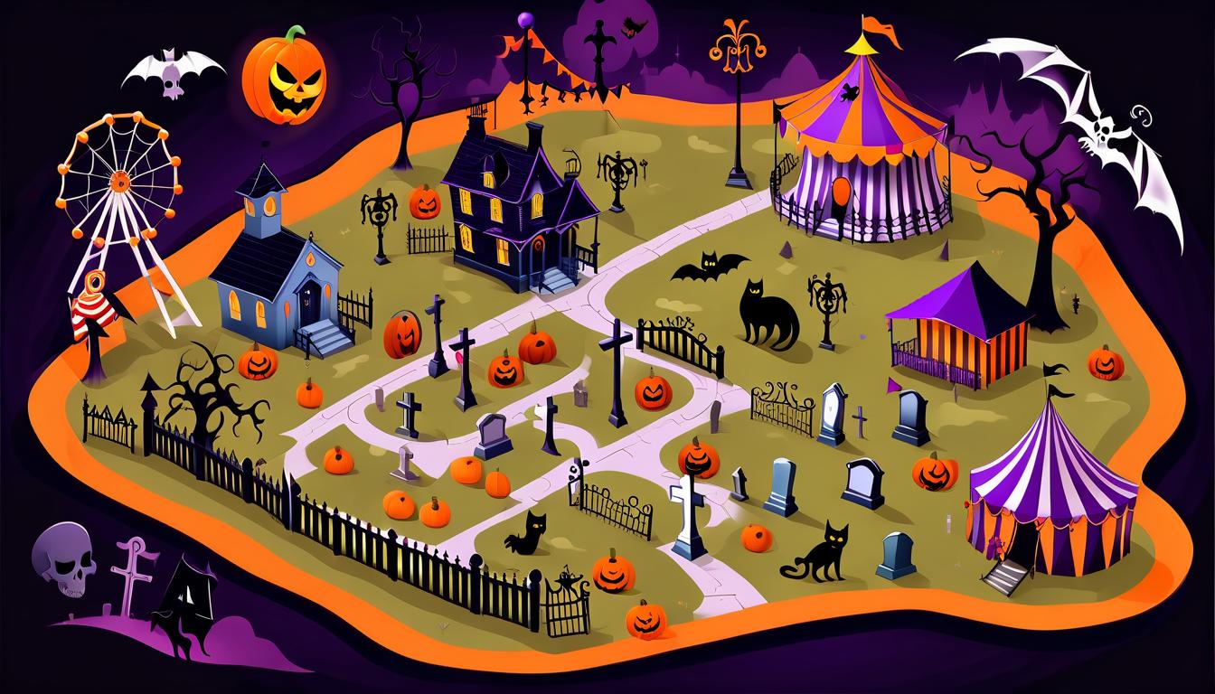  map of the area in the style of halloween on which there is a cemetery surrounded by a fence, a creepy house and a circus tent