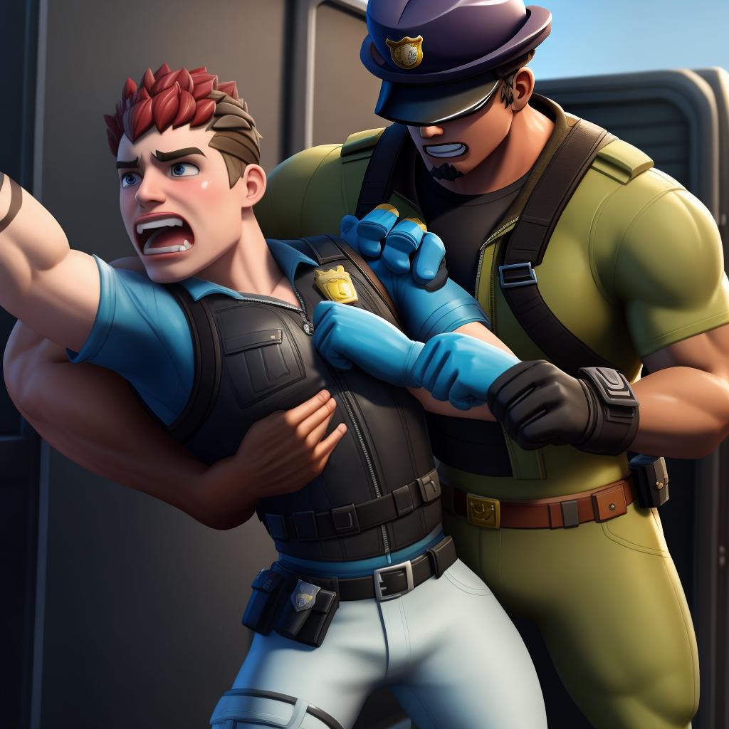  Gay corrupt police officers (Fortnite), full body, gloves, police brutality pain, bullying, criminal surrounded, scared helpless human criminal (wearing normal clothes), brutal attack, criminal is restricted, criminal is punched, criminal has arm around neck, criminal has arms restrained, open eyes, masterpiece, 4k, fine details,