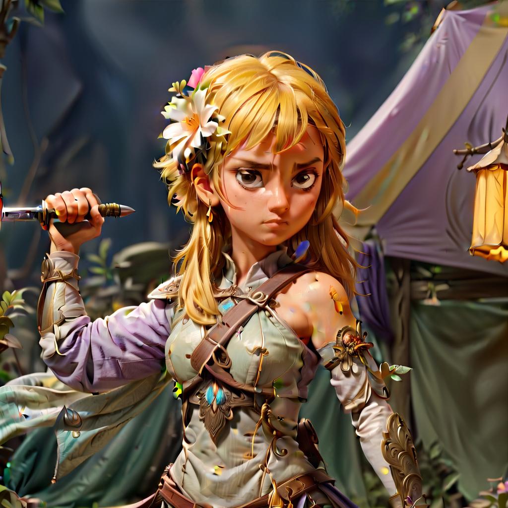  the girl looks to the right, her right hand is turned with her thumb to her face, a one handed sword hangs on her back, a flower is attached to her head, her hair is yellow, in the background one box is on the right and two are on the left, on the top right stretches a fabric from the tent to the lower left corner, civitai