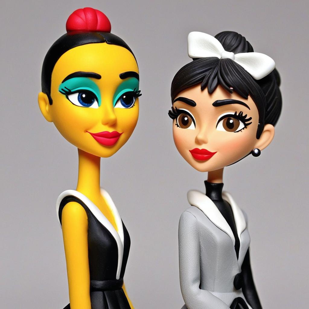  play doh style sweaty jessica alba and audrey hepburn. posing . full body. steamy room. very detailed.. sculpture, clay art, centered composition, claymation