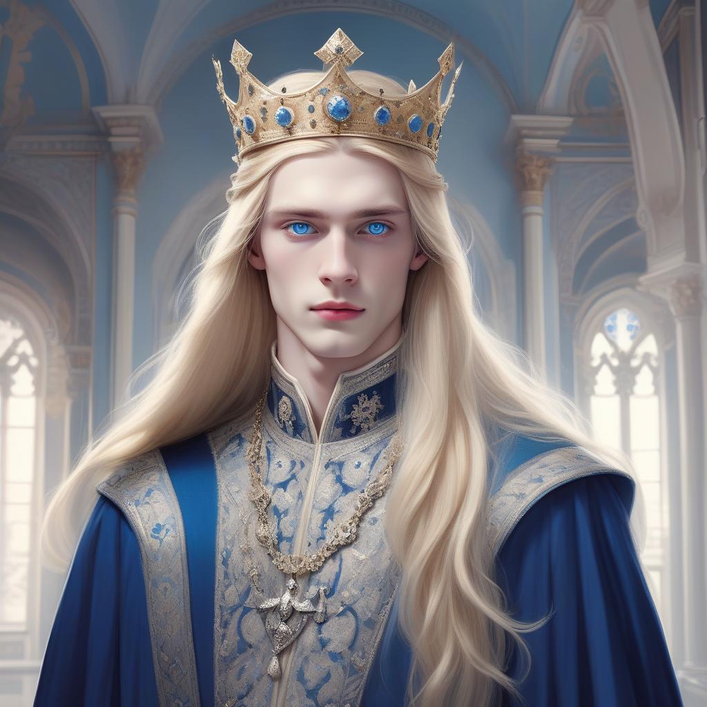  breathtaking young aristocrat with long blonde hair, royal clothes and a silver crown on his head, clear blue eyes, pale skin, aesthetics of gloom and beauty . award winning, professional, highly detailed