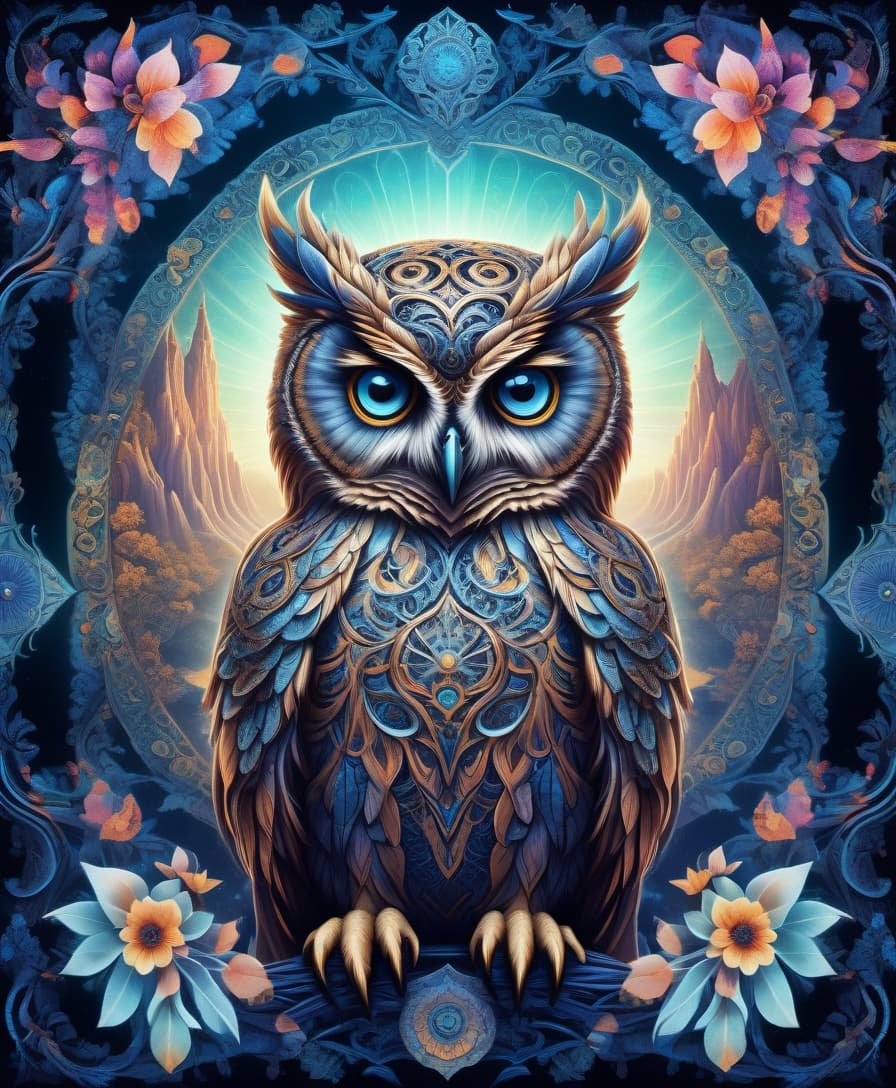  fairy tale masterpiece, hdr 8k, digital image. conceptual art. (owl, a dangerous bird of prey, sits on a tree, piercing gaze, sharp beak, powerful claws), appearing in ancient russian ethnic ornaments that make up a symmetrical mandala consisting of an endless forest, a wide flowing river and majestic mountains, the mandala is decorated with a fantastic ice pattern). abstract elements: stones, tree leaves, flowers. the effect of dissolving the natural shades of fur in sky waves. filigree finishes, mysterious neon glowing accents, intricate. stylization. neo rococo style. stylish, dynamic, atmospheric. background dissolving abstract patterns in the space:: vignetting:: complex ethnic ornament. mystery, fantasy surrealism. high detail. high