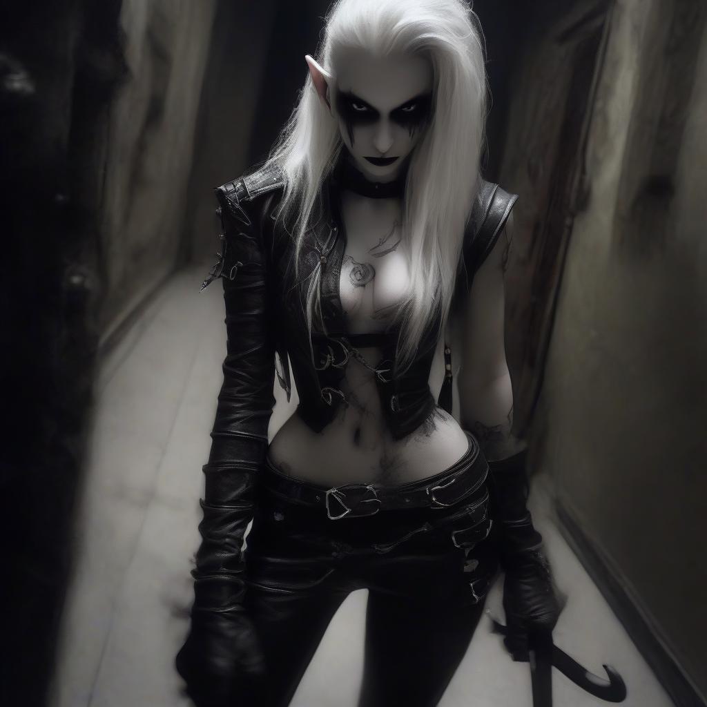  macabre style dark fantasy. a very thin girl elf thief fighter, with white alabaster skin, in a leather white open corset, in black leather pants, in wrists, in white shoes, holding a knife in her hand. in the dark hallway. . dark, gothic, grim, haunting, highly detailed