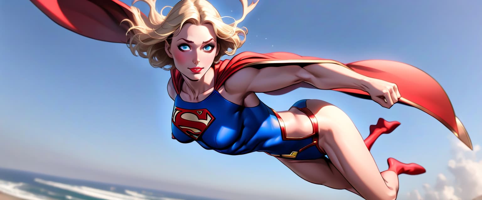  a supergirl in an open swimsuit is flying