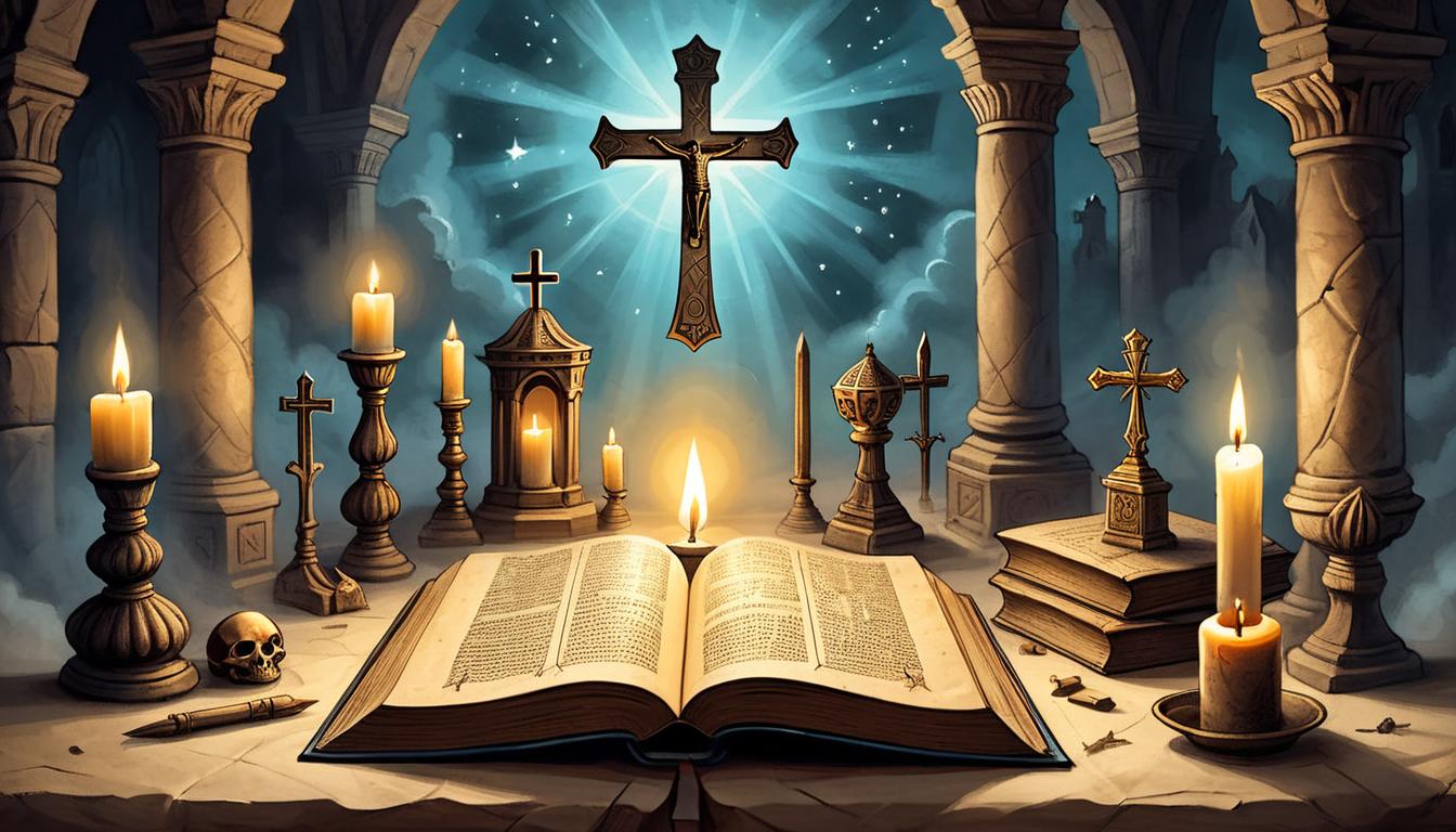  on parchment, surrealism+++, an altar with an open book, glowing symbols on the pages, a candle and a serene cross beside, ancient and reverent setting, spiritual tools, divine light illuminating the sacred text(mysterious, provocative, symbolic,muted color)+++