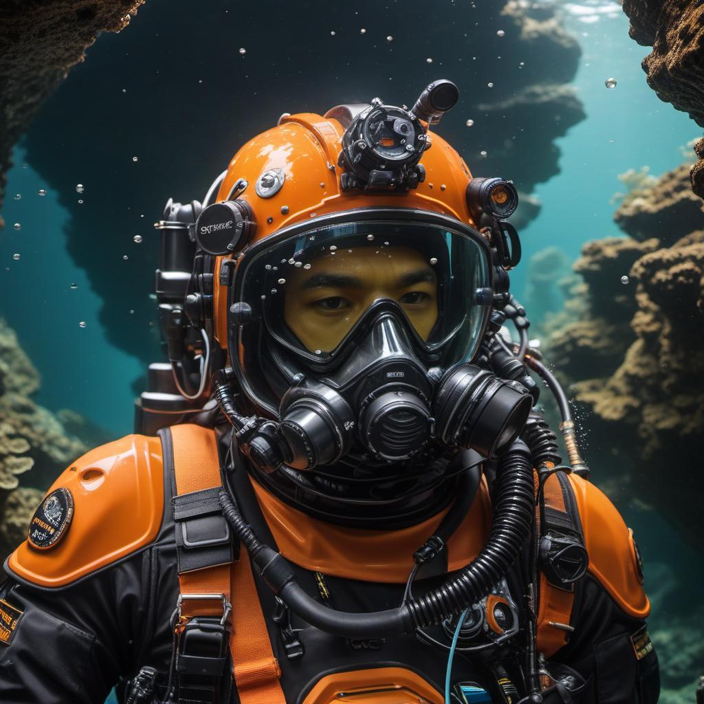  jb name, male, rebreather diver, thick loops, helmet in orange, cave diver, underwater, face view diver, fresh water, shoulder view, jb, cyberpunk style