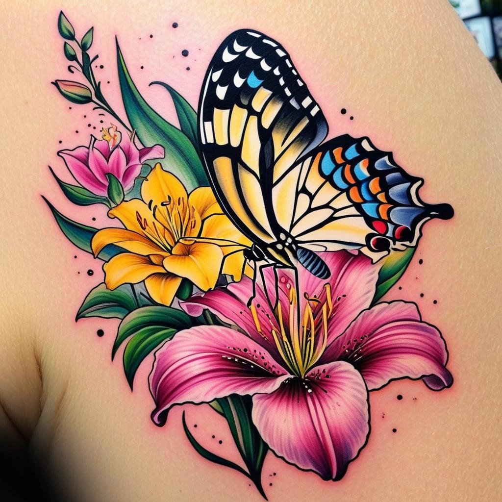  pink lillies, yellow roses with babies breath, a butterfly, ladybug, bee and dragonfly, (tattoo), (sleeve tattoo design on the arm)