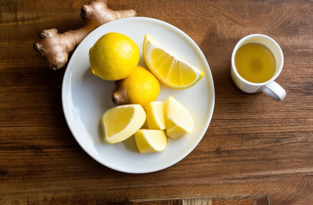  food gourmet photography style, ginger root,(((((cut into pieces))))) it lies on a white plate, next to it on a plate is a sliced yellow lemon. the plate is on a wooden table. there is a white cup with a transparent yellow liquid on the table ar 3:2, appetizing, professional, culinary, high resolution, commercial, highly detailed ,soft natural lighting, macro details, vibrant colors, fresh ingredients, glistening textures, bokeh background, styled plating, wooden tabletop, garnished, tantalizing, editorial quality