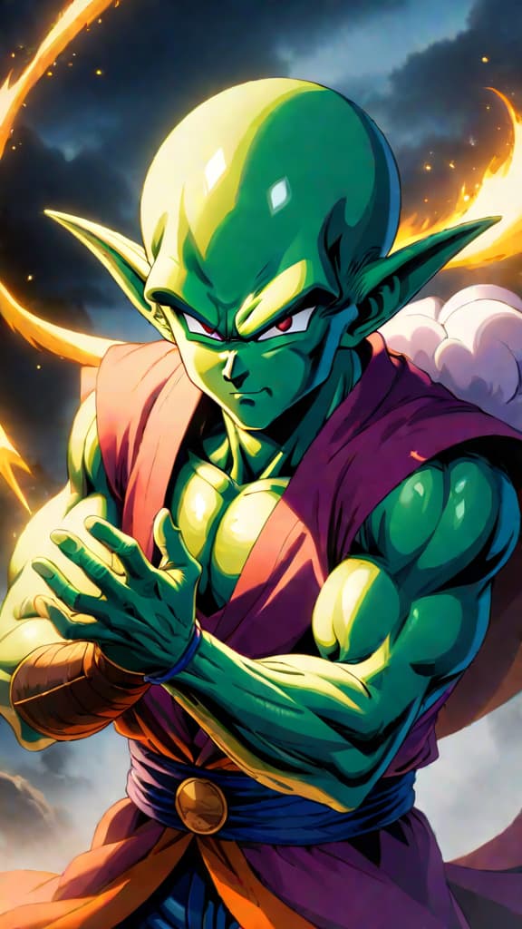  an anime art of piccolo fusing with nail from dragon ball z for a power boost. hyperrealistic, full body, detailed clothing, highly detailed, cinematic lighting, stunningly beautiful, intricate, sharp focus, f/1. 8, 85mm, (centered image composition), (professionally color graded), ((bright soft diffused light)), volumetric fog, trending on instagram, trending on tumblr, HDR 4K, 8K