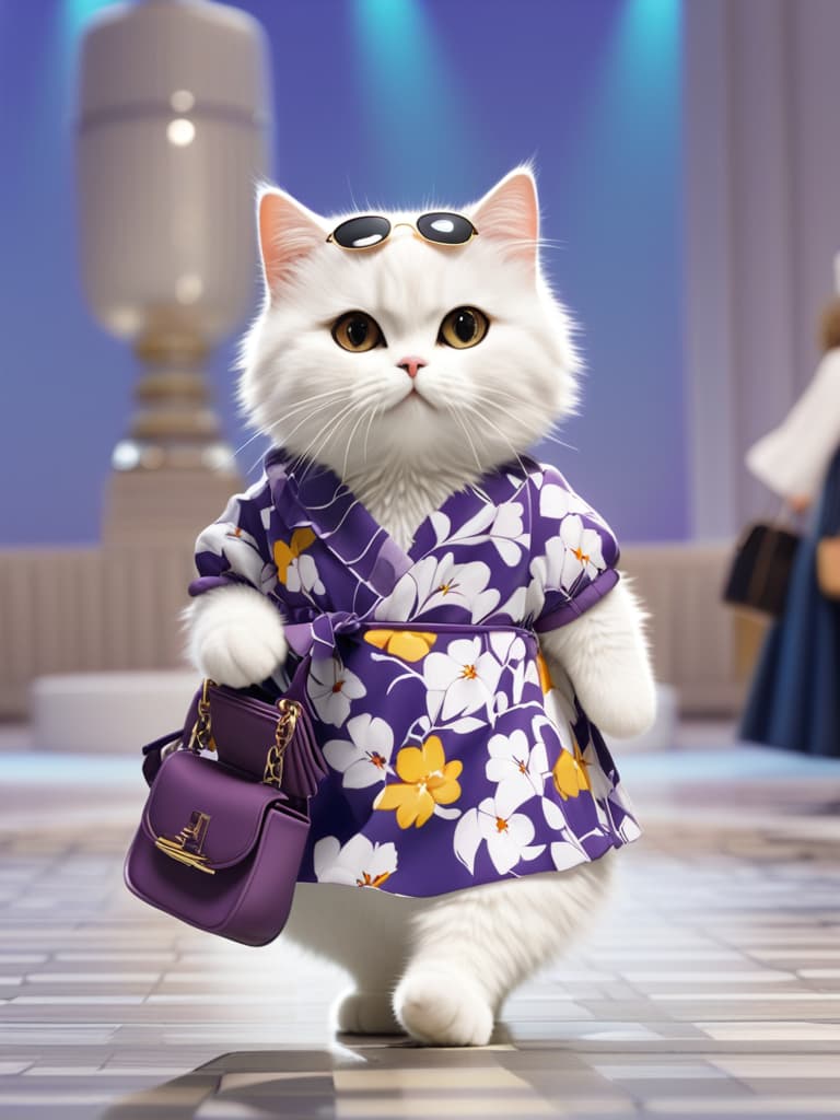  a small, fluffy white cat dressed in a red floral dress and wearing a sunglasses .the cat is standing and appears to be posing for a photo.in the background, there are a few people present. one person is standing on the left side of the image, while another is standing on the right side, and the third person is visible only from the waist down, in the far right corner. there are also a couple of handbags, one in the foreground and another further back in the scene.