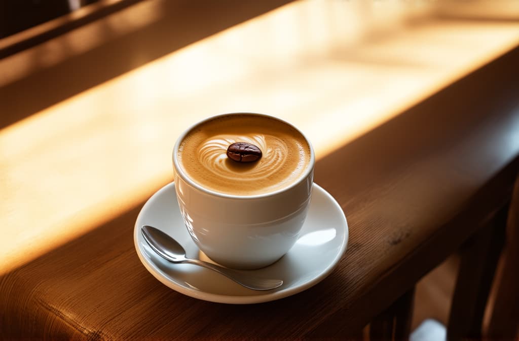  cinematic film style, top view of a white latte cup and a coffee bean in a coffeeshop. mixed digital illustrations and matte paintings combined ar 3:2, shallow depth of field, vignette, maximum details, high budget hollywood movie, bokeh, cinemascope, moody, epic, gorgeous, sun rays and shadows on furniture and surfaces, flattering light, raw photo, photography, photorealistic, 8k resolution, f1.4, sharpened focus, sharp focus