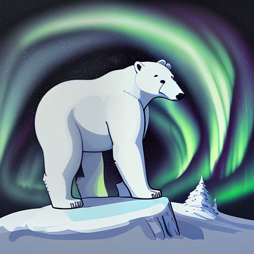  a polar bear with a bear in the foreground is large, the northern lights in the background. minimalist style, drawing, big head, big eyes, caricature, a caricature, digital rendering, (figurativism:0.8)