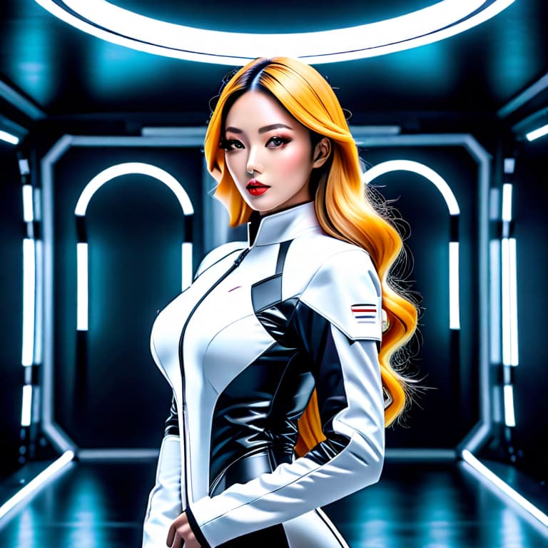  “A young woman in her early 20s wears a futuristic outfit inspired by honey. The clothing features intricate patterns resembling honeycombs and golden hues, with a mechanical twist. The outfit has sleek, metallic elements integrated into the design, such as robotic joints and cybernetic accessories that give it a high-tech appearance. The honey-inspired motif is prominent, with translucent, amber-like textures and glowing accents that mimic the natural richness of honey. The background is a sleek, futuristic setting with soft lighting that highlights the mechanical and organic fusion of the attire.cute girl.flont.” hyperrealistic, full body, detailed clothing, highly detailed, cinematic lighting, stunningly beautiful, intricate, sharp focus, f/1. 8, 85mm, (centered image composition), (professionally color graded), ((bright soft diffused light)), volumetric fog, trending on instagram, trending on tumblr, HDR 4K, 8K