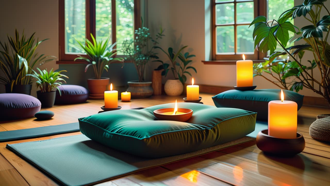  a serene scene of a peaceful yoga class in a sunlit room, surrounded by plants; essential oils, candles, and crystal healing stones on a wooden table, with a meditation cushion in the corner. hyperrealistic, full body, detailed clothing, highly detailed, cinematic lighting, stunningly beautiful, intricate, sharp focus, f/1. 8, 85mm, (centered image composition), (professionally color graded), ((bright soft diffused light)), volumetric fog, trending on instagram, trending on tumblr, HDR 4K, 8K