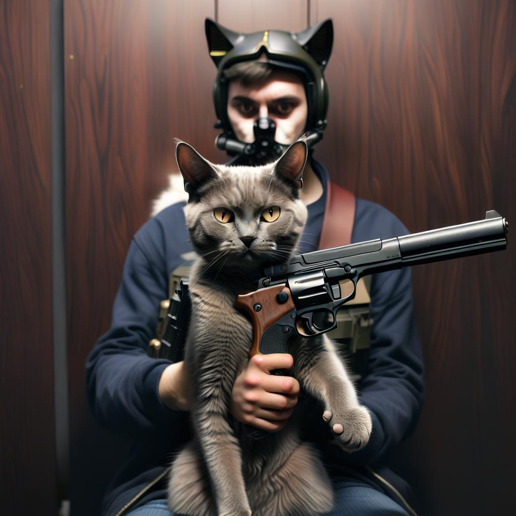  a cat with human with gun