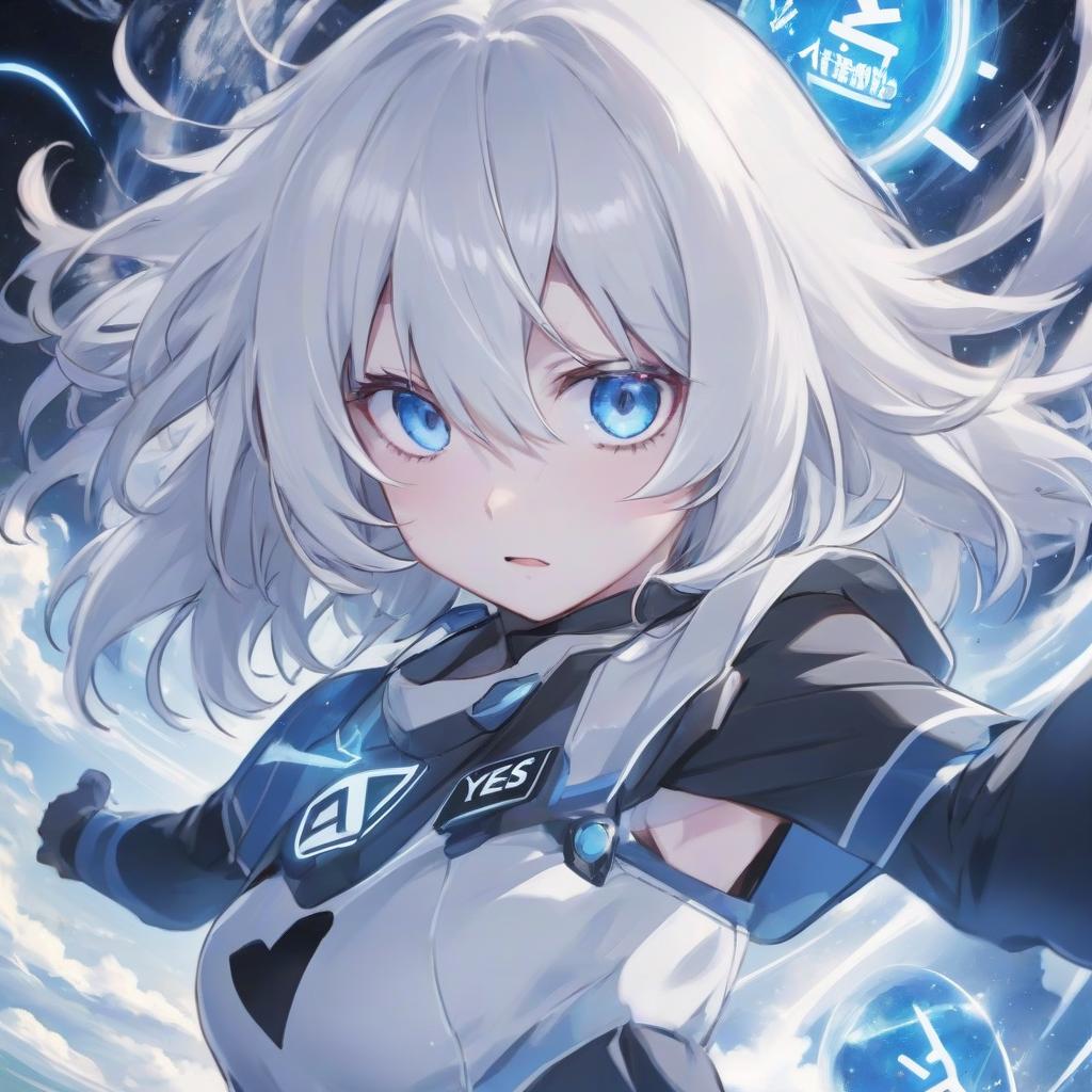  anime artwork the girl with white hair and blue eyes sees a system alert in the air with the inscription yes/no . anime style, key visual, vibrant, studio anime, highly detailed