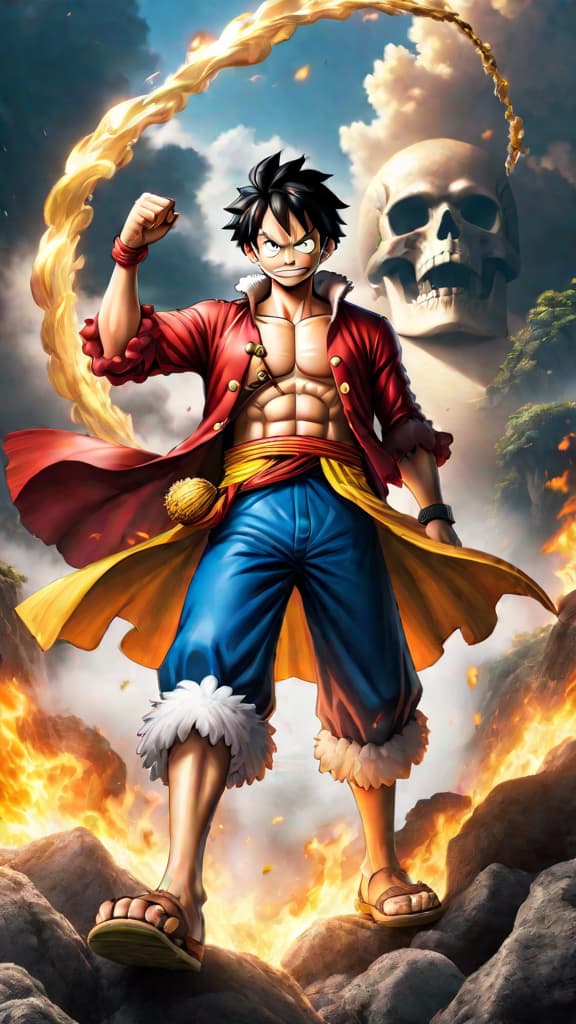  anime art: luffy from one piece pushing beyond limits to unlock gear 6, rivaling yonko with god like haki. hyperrealistic, full body, detailed clothing, highly detailed, cinematic lighting, stunningly beautiful, intricate, sharp focus, f/1. 8, 85mm, (centered image composition), (professionally color graded), ((bright soft diffused light)), volumetric fog, trending on instagram, trending on tumblr, HDR 4K, 8K