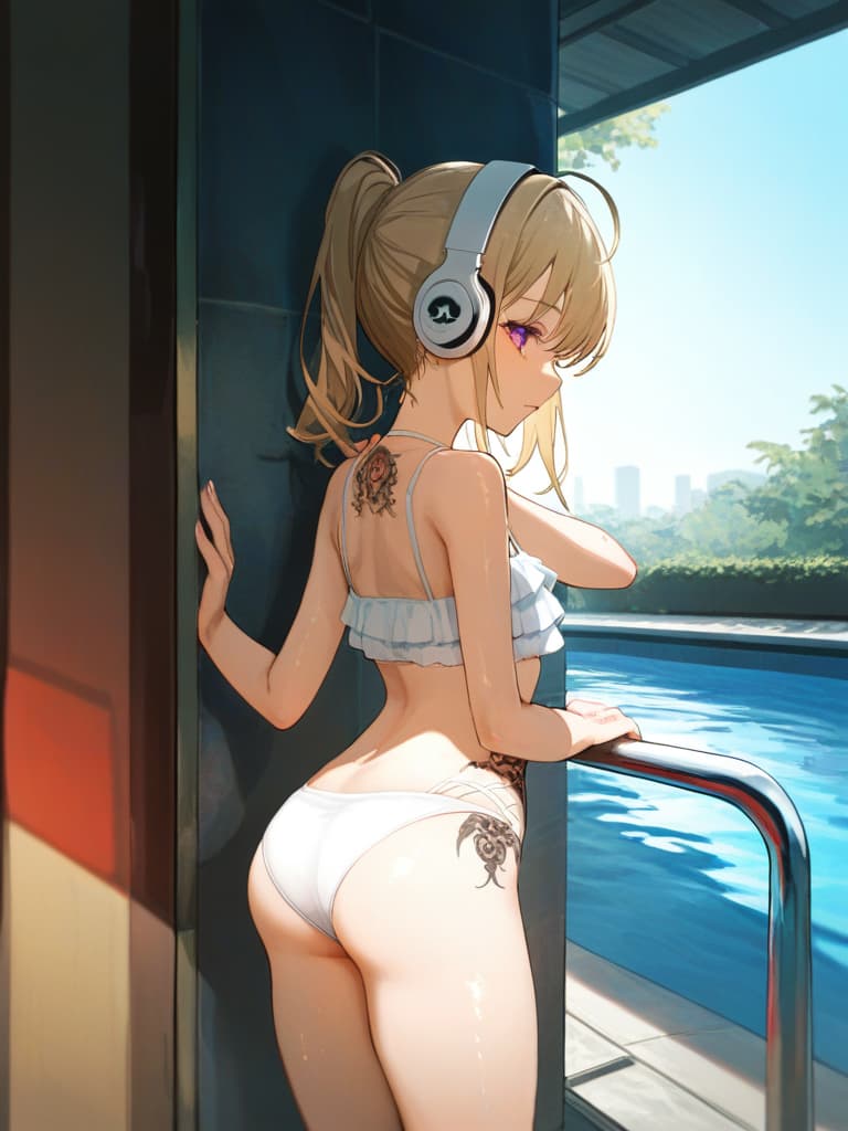  white headphones, white swimwear, poses showing their backs, poses on the wall, snake tattoo on , white frill pare, all body, foot, pool, standing, blonde ponytail, thigh tattoo, tattoo, skull tattoo on arms. , tattoo on a small wing on the back, headphones, tattoos on the feet, snake tattoo on the , masterpiece, best quality,8k,ultra detailed,high resolution,an extremely delicate and beautiful,hyper detail