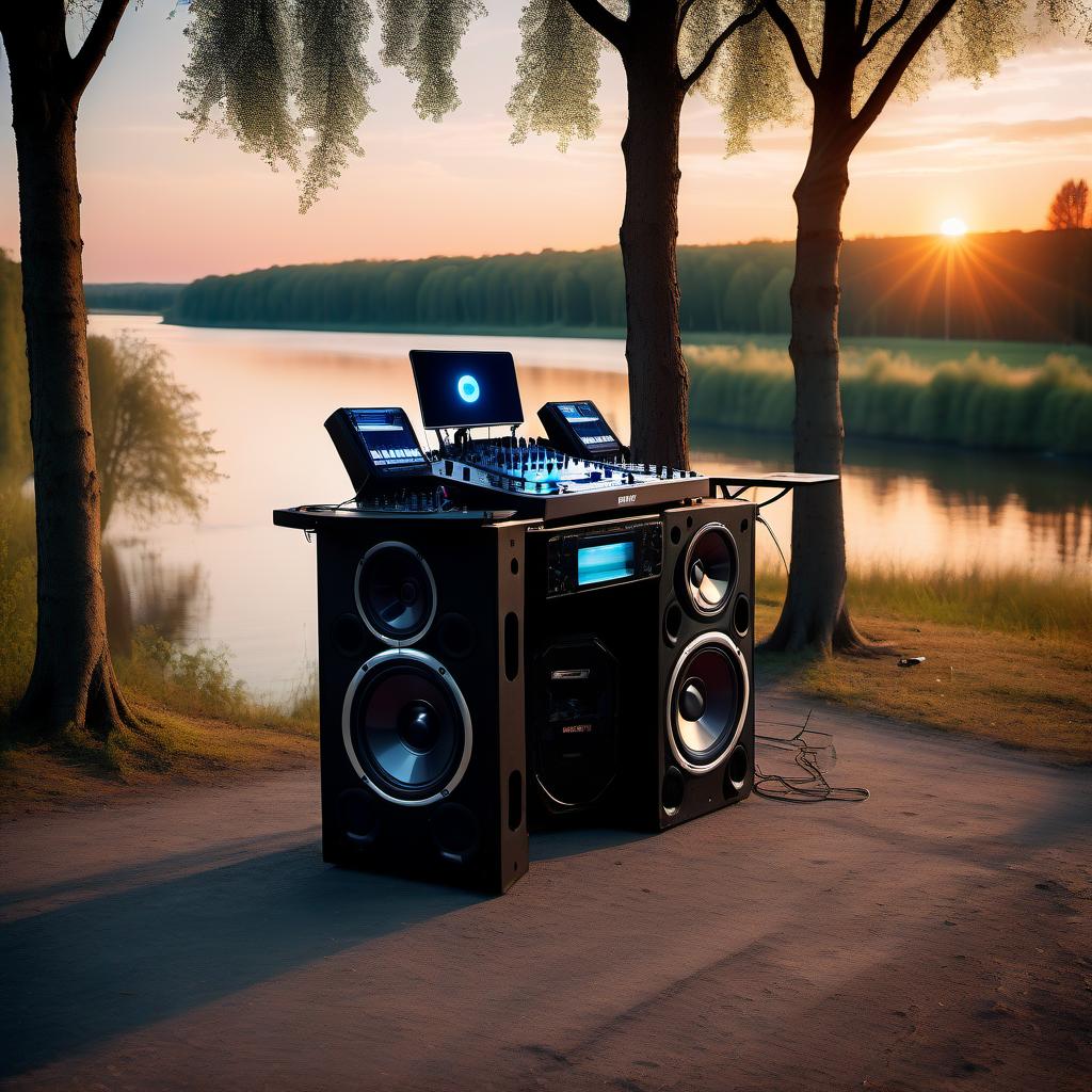  dj stand and dj remote in nature on an asphalt area between trees, against the background of sunset, river, large music speakers, light sources, lasers