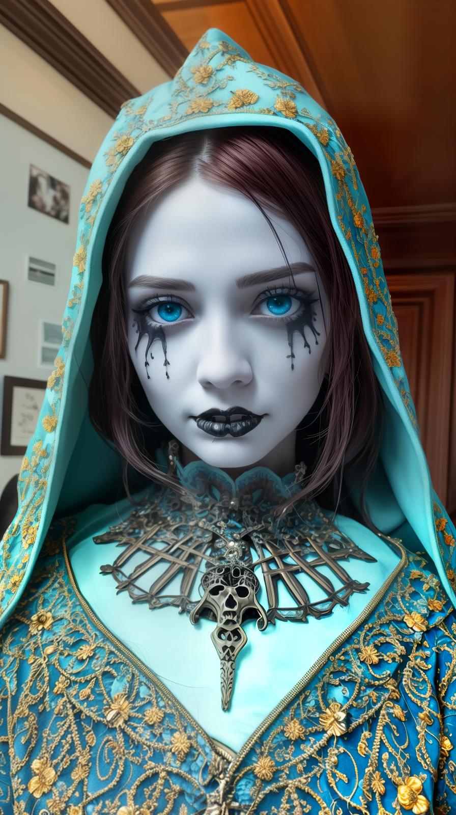  (8k, photorealistic, raw photo, best quality: 1.4), (photorealistic:1.4), (realistic face), realistic eyes, (realistic skin), ((((masterpiece)))), best quality, very high resolution, ultra detailed, in frame, blue, hoodie, skeleton, drawing, bones, skull, artistic, detailed, illustration, dark, creepy, eerie, spooky, hooded, mysterious, haunting, gothic, macabre, chilling