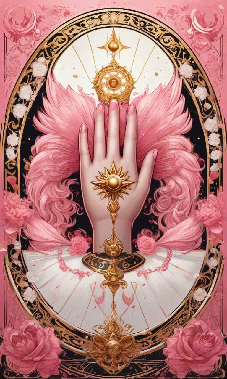  concept art tarot color pink, white, black, gold carwheel . digital artwork, illustrative, painterly, matte painting, highly detailed, perfect hands