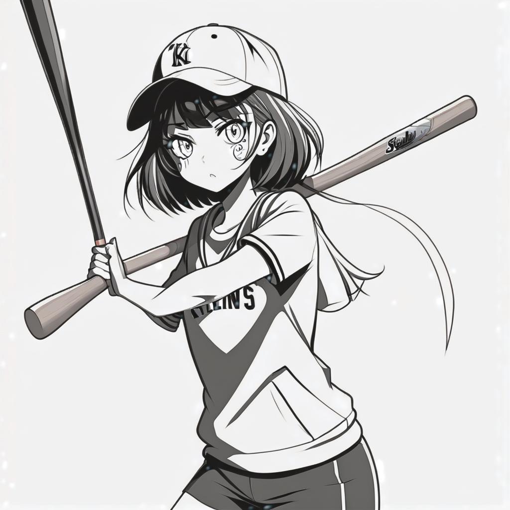  line art drawing killer girl, with baseball bat, same nightmare. anime style . professional, sleek, modern, minimalist, graphic, line art, vector graphics