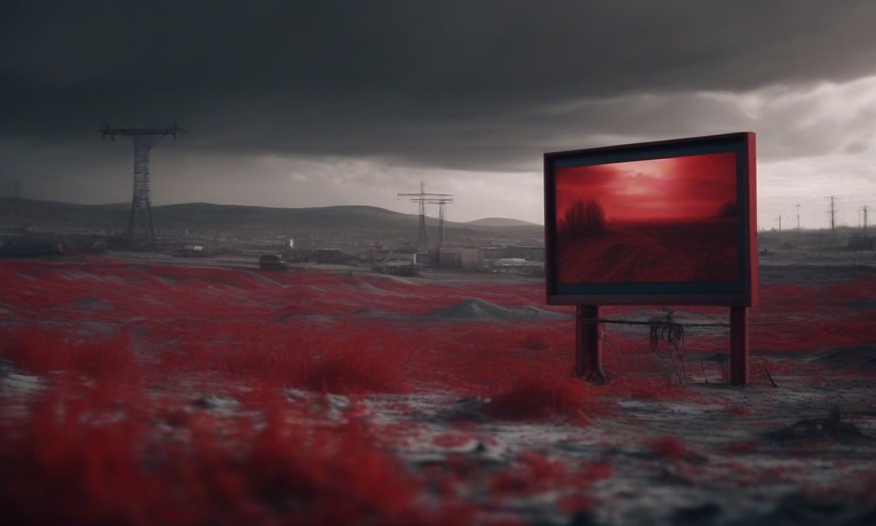  cinematic film still landscape after the apocalypse, in red and gray tones, billboard . shallow depth of field, vignette, highly detailed, high budget, bokeh, cinemascope, moody, epic, gorgeous, film grain, grainy