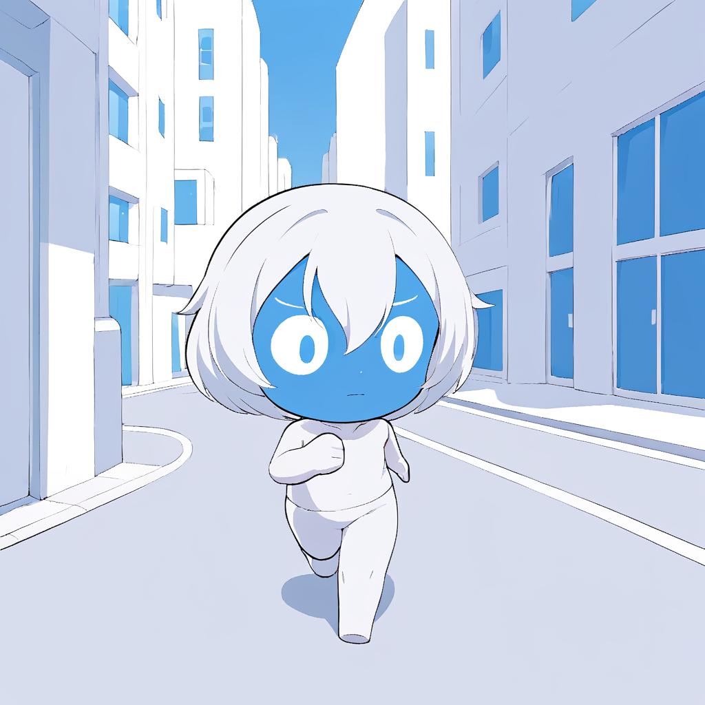  anxiaozhi,a white cute robot with blue face is running on the city street,a clean and crisp anime illustration with bold outlines, smooth shading,cell shaded, crisp ,flat colors, and a minimalistic background.