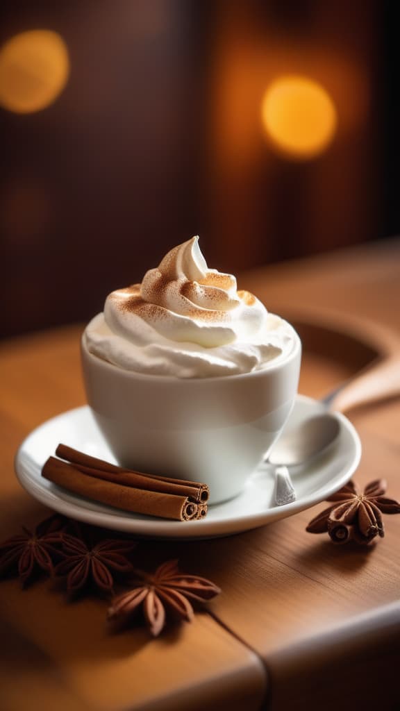  cinematic film style, white cup of coffee with whipped cream and cinnamon stands on a saucer on a textured wooden table, cinnamon sticks lie nearby, autumn leaves and bokeh lights in the background, warm autumn tones ar 9:16, shallow depth of field, vignette, highly detailed, high budget Hollywood movie, bokeh, cinemascope, moody, epic, gorgeous, film grain, grainy, sun rays and shadows on furniture and surfacesб flattering light, RAW photo, photography, photorealistic, ultra detailed, depth of field, 8k resolution , detailed background, f1.4, sharpened focus, sharp focus
