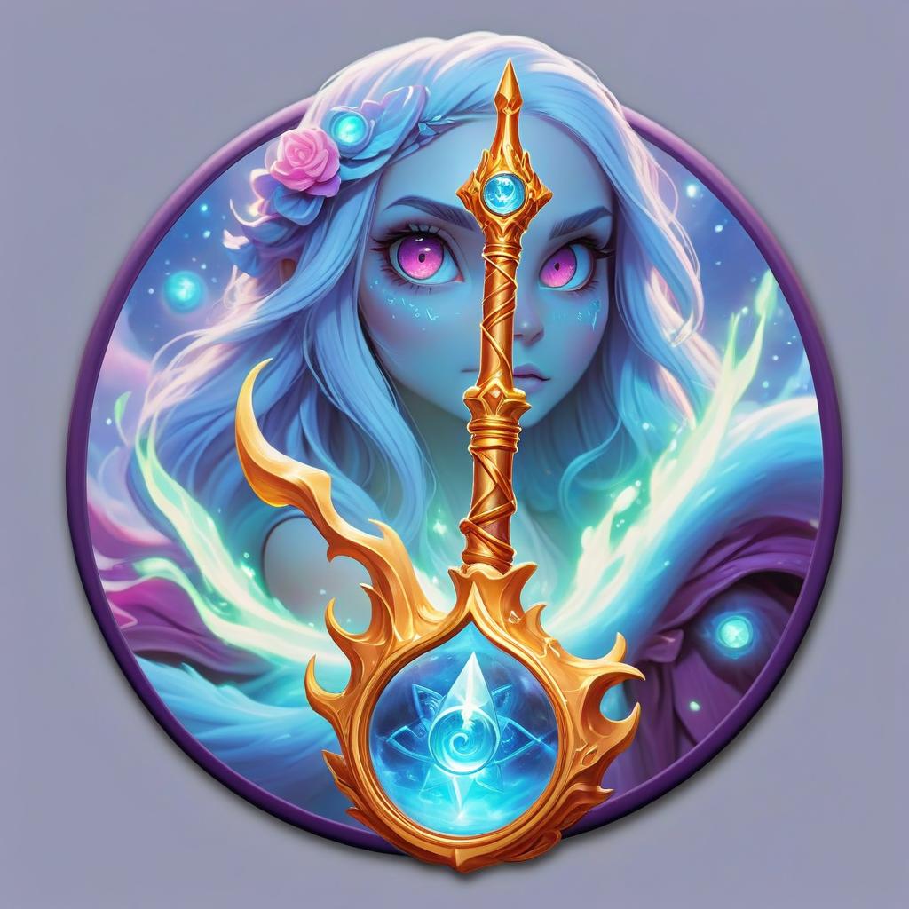  dreamscape battle staff, celetial rod, elemental magic, mystic hand, eyes, sorcerer rpg class minimal badge . surreal, ethereal, dreamy, mysterious, fantasy, highly detailed, sticker