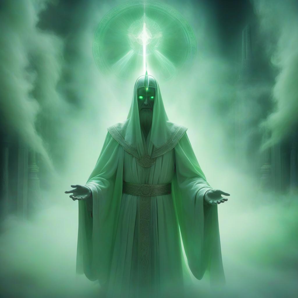  high priest of the ancient temple it looks like a ghostly figure in long ritual robes floating above the ground. its appearance is translucent, faintly flickering with light green light, as if covered with magical energy. the face is pale, without emotions, with bright glowing eyes. in his hands he holds an ancient ritual dagger a symbol of his power in life. his figure is surrounded by a halo of light fog