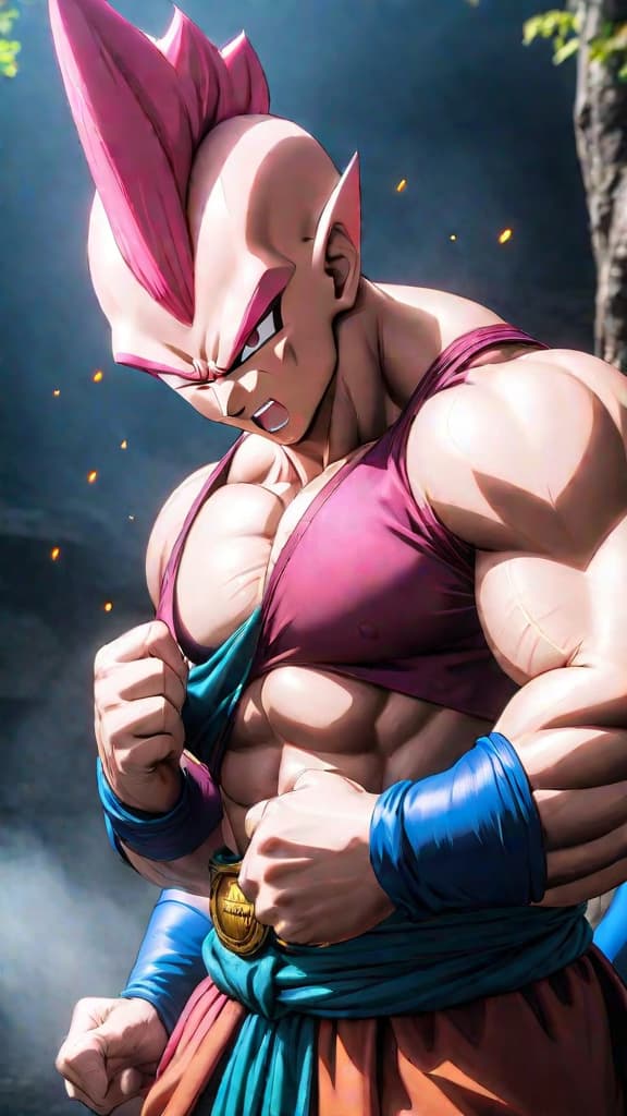  anime art: majin buu from dragon ball super hibernating before the tournament of power due to intense training. hyperrealistic, full body, detailed clothing, highly detailed, cinematic lighting, stunningly beautiful, intricate, sharp focus, f/1. 8, 85mm, (centered image composition), (professionally color graded), ((bright soft diffused light)), volumetric fog, trending on instagram, trending on tumblr, HDR 4K, 8K