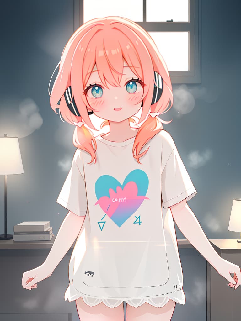  1 pretty girl,upper body,winking,cheek to cheek,semi long,hearts twin tail,gamer,headphones,tee shirt,peach hair elastic, hair,front hyperrealistic, full body, detailed clothing, highly detailed, cinematic lighting, stunningly beautiful, intricate, sharp focus, f/1. 8, 85mm, (centered image composition), (professionally color graded), ((bright soft diffused light)), volumetric fog, trending on instagram, trending on tumblr, HDR 4K, 8K