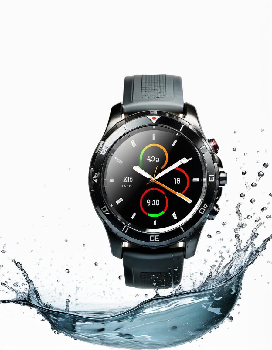  smart watch on a stone on a white background, around a splash of water, film photography style